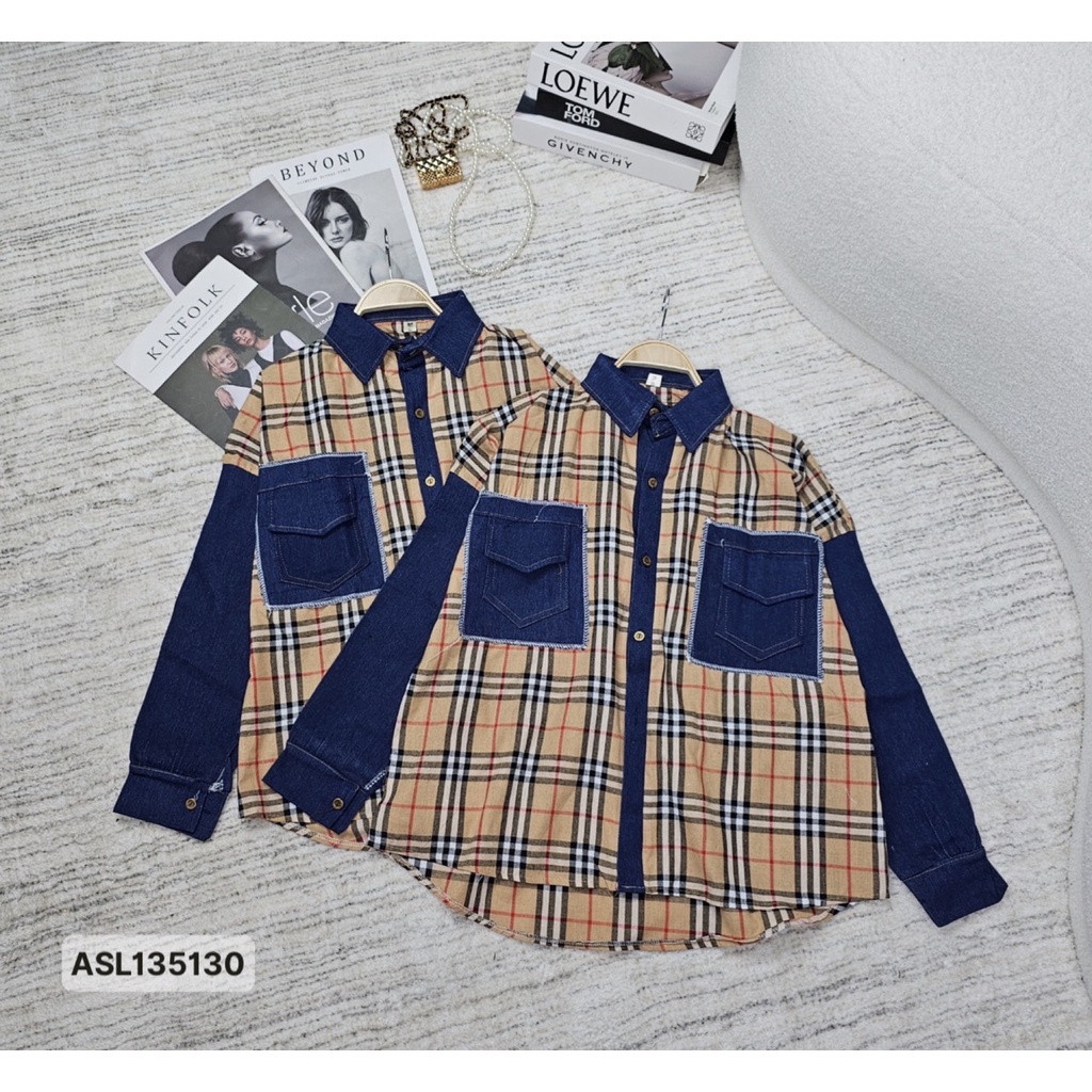 Áo sơ mi nam sọc bbr phối jeans tay áo cổ áo và 2 túi cao cấp phong cách Hàn quốc