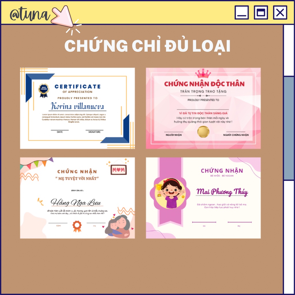 Chứng Chỉ Đủ Loại Cho Các Dịp Lễ Chứng Chỉ Tình Bạn Gia Đình Sinh Nhật Độc Thân Tuna