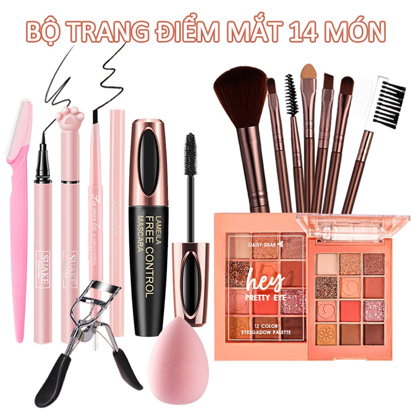 14 món Bộ trang điểm mắt trọn-Bảng phấn mắt+chì kẻ mắt+chì kẻ lông mày+khung kẻ lông mày+mascara+dụng cụ uốnPS-T8-YB