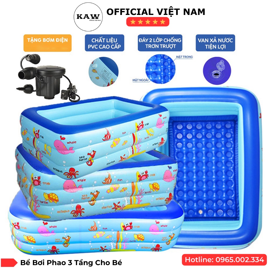 Bể Bơi Phao Cho Bé KAW, Hồ Bơi 3 Tầng, Chất Liệu PVC Chống Trượt Bền Bỉ, An Toàn, Gấp Gọn