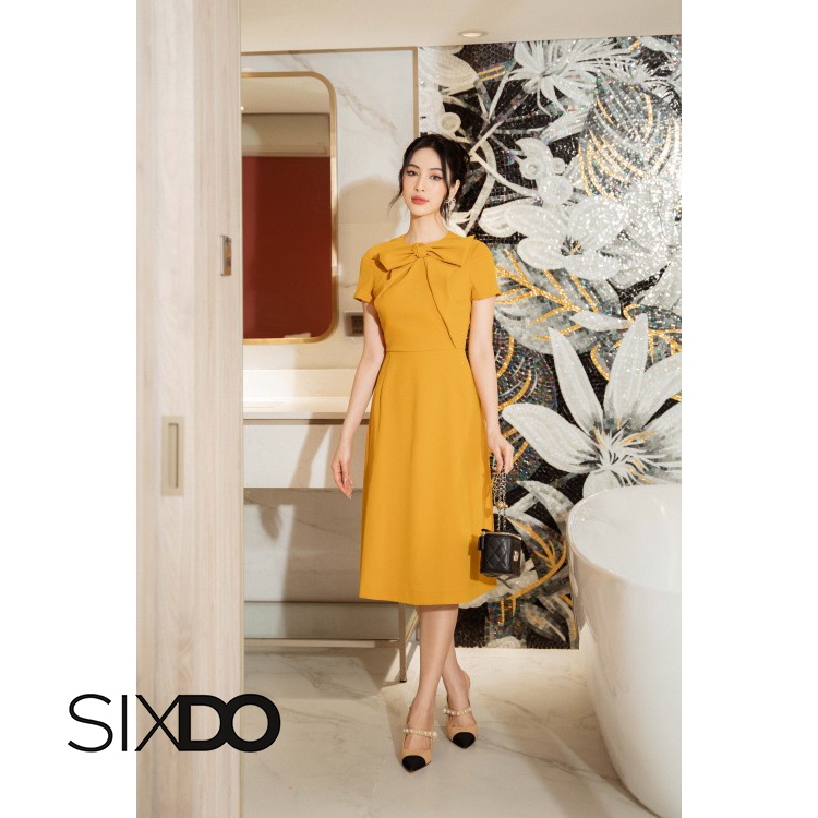 Đầm ngắn tay phối nơ cổ 2 màu thời trang SIXDO (Bowtie Midi Woven Dress)