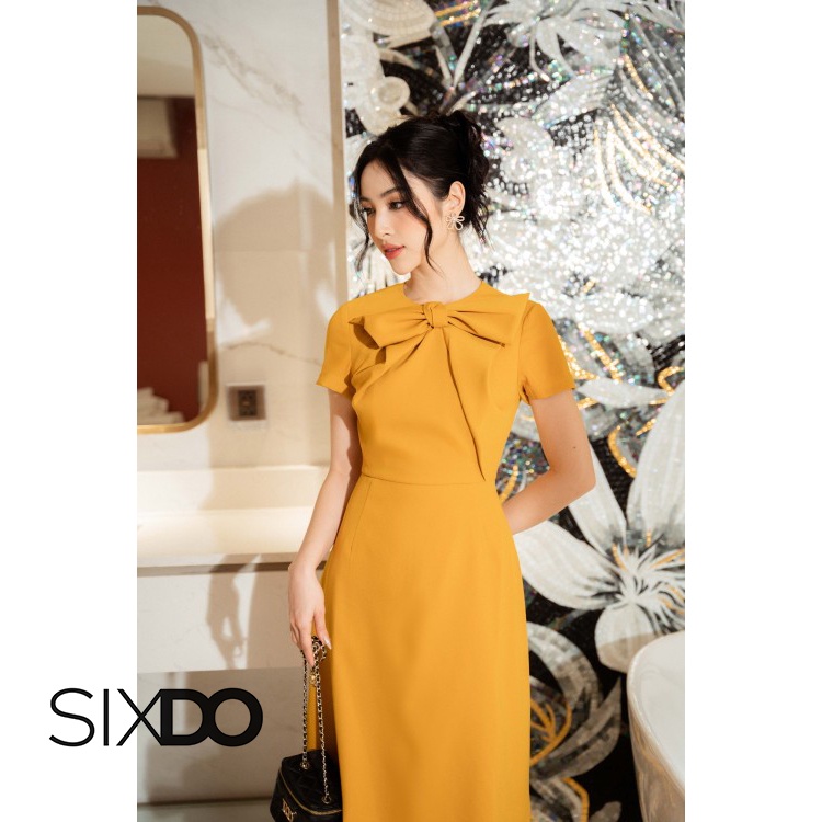 Đầm ngắn tay phối nơ cổ 2 màu thời trang SIXDO (Bowtie Midi Woven Dress)