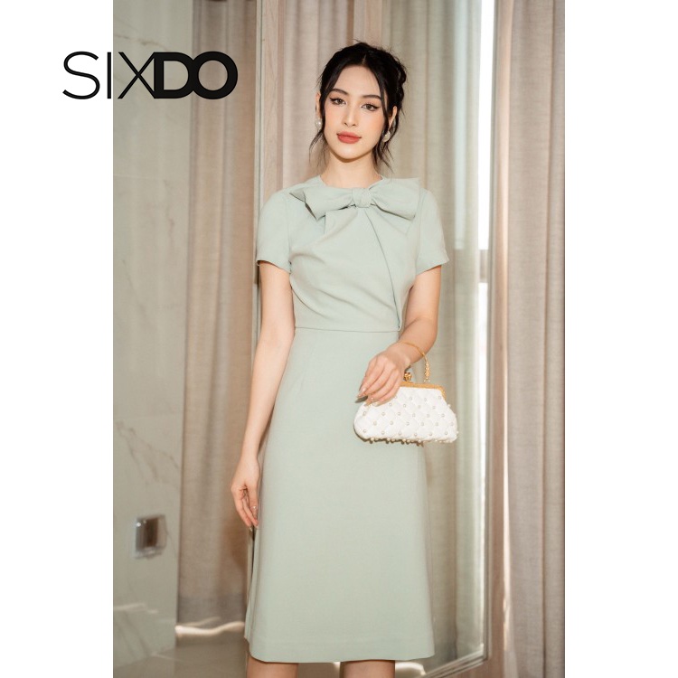 Đầm ngắn tay phối nơ cổ 2 màu thời trang SIXDO (Bowtie Midi Woven Dress)