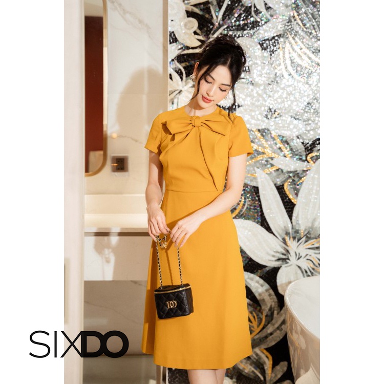 Đầm ngắn tay phối nơ cổ 2 màu thời trang SIXDO (Bowtie Midi Woven Dress)