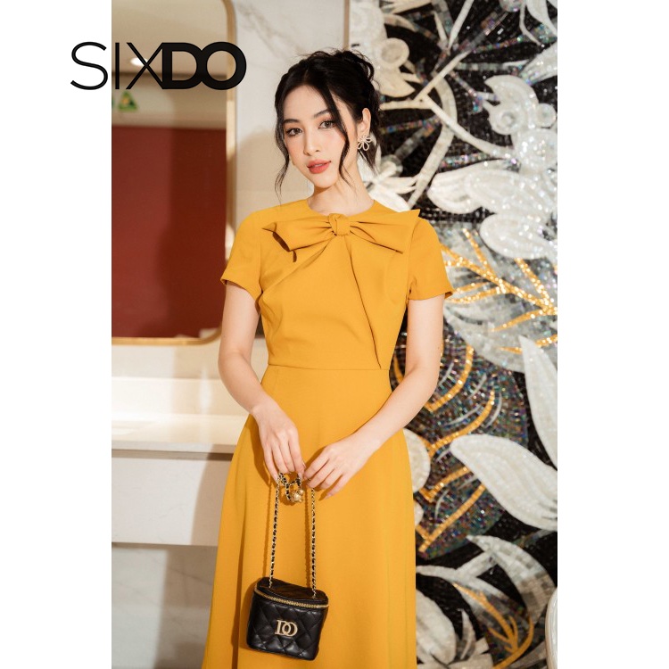 Đầm ngắn tay phối nơ cổ 2 màu thời trang SIXDO (Bowtie Midi Woven Dress)