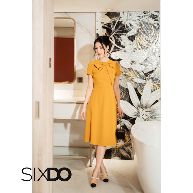 Đầm ngắn tay phối nơ cổ 2 màu thời trang SIXDO (Bowtie Midi Woven Dress)