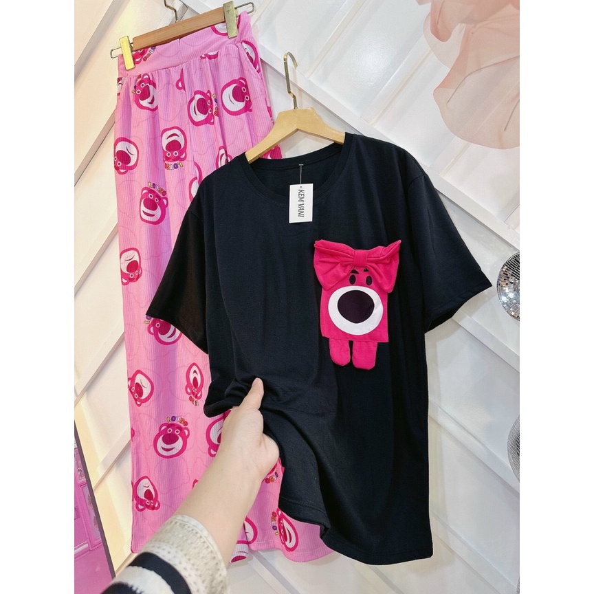 sét quần suông gân áo thun cotton gấu thêu  hình thật f2