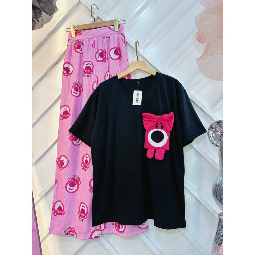 sét quần suông gân áo thun cotton gấu thêu  hình thật f2