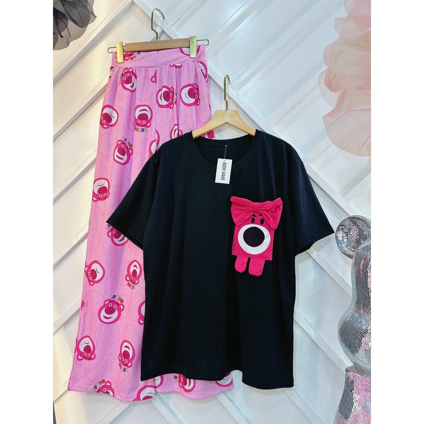 sét quần suông gân áo thun cotton gấu thêu  hình thật f2