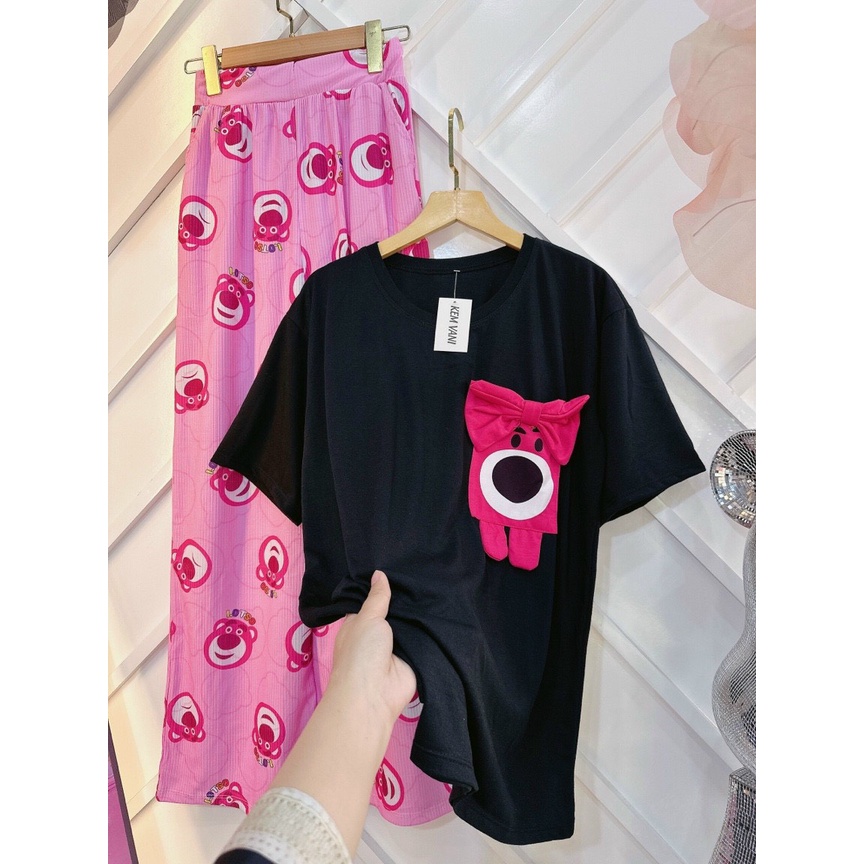 sét quần suông gân áo thun cotton gấu thêu  hình thật f2