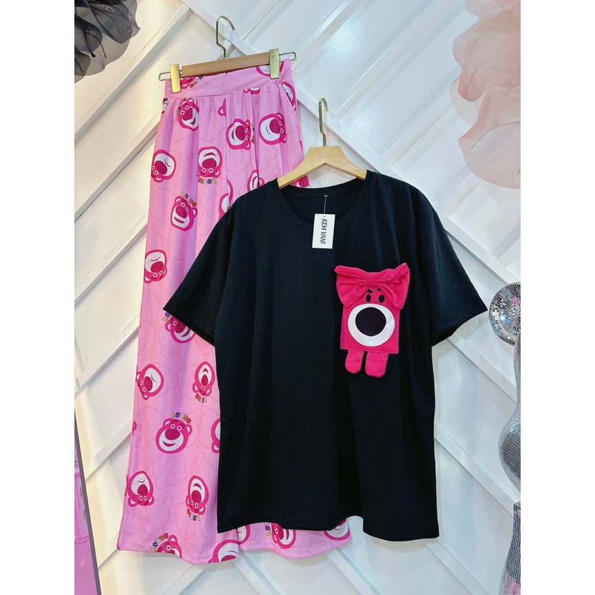 sét quần suông gân áo thun cotton gấu thêu  hình thật f2