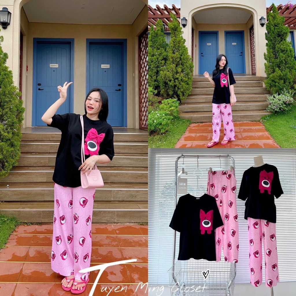 sét quần suông gân áo thun cotton gấu thêu  hình thật f2