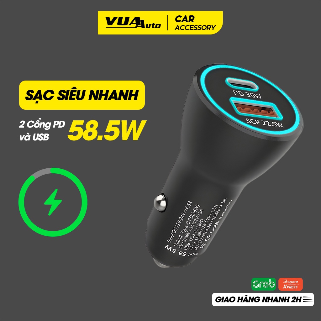 Tẩu sạc nhanh ô tô xe máy VuaAuto Type C 58,5W cổng sạc hỗ trợ USB PD 12V/24V sạc tiện lợi cho điện thoại laptop