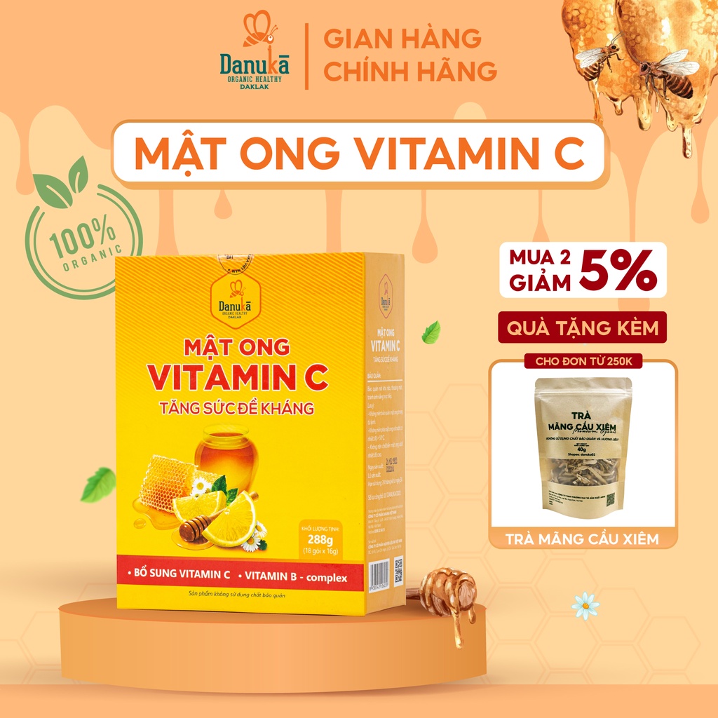 Mật Ong Vitamin C Danuka Nguyên Chất Gói Nhỏ Tiện Dụng Hàm Lượng 288g/Hộp 18 Gói Chính Hãng