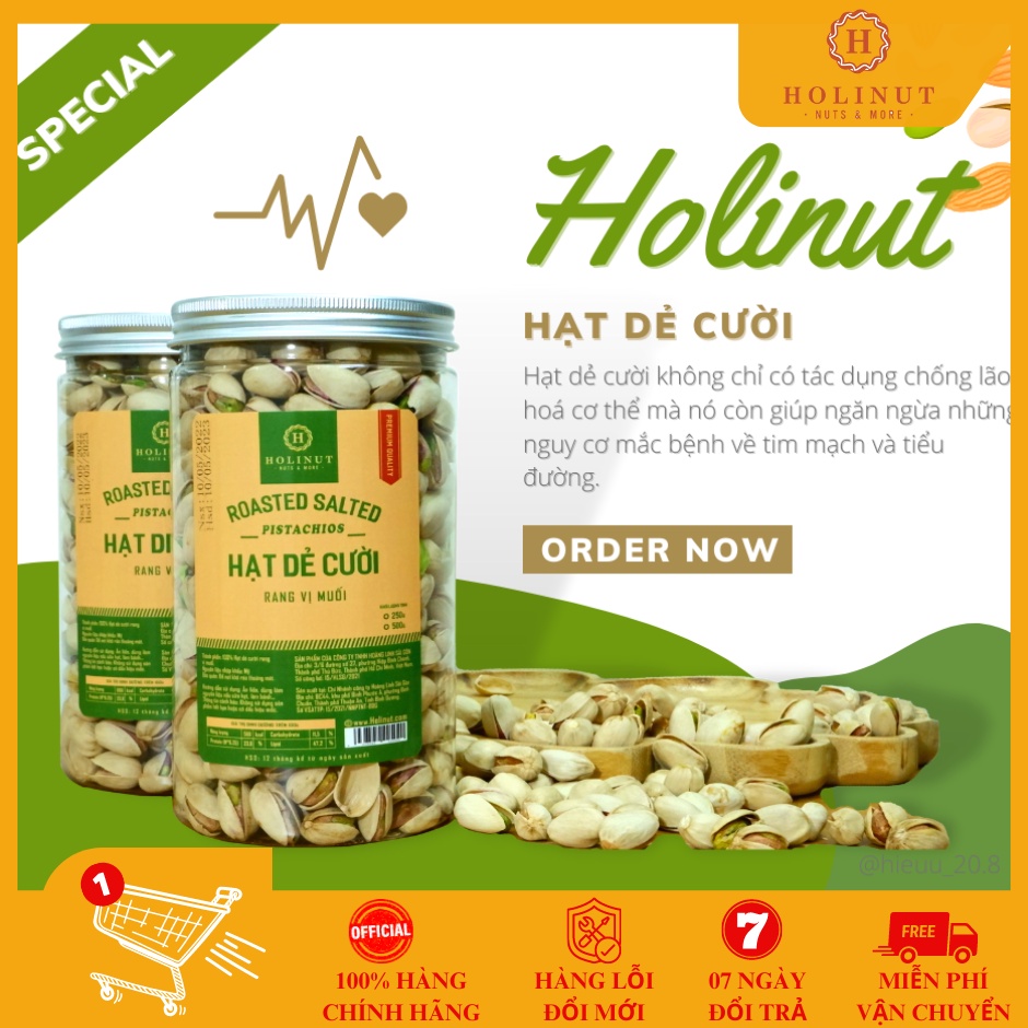 Hạt dẻ cười rang muối, Không Tẩy Trắng, Bùi giòn, Thơm ngon - nhập khẩu Mỹ chính ngạch Thương Hiệu Holinut/ 500gram