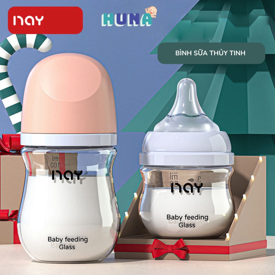 Bình sữa cổ rộng thủy tinh Nuoaiyin Huna cho bé chống đầy hơi, chống sặc 80ml/160ml
