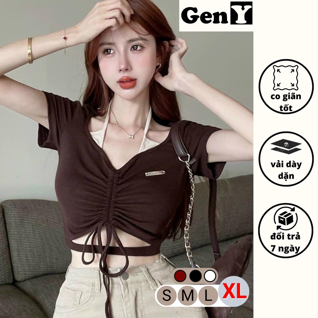Áo croptop rút dây trước ngực cổ giả yếm GenY, áo kiểu nữ ôm body khoét eo cực quyến rũ có bigsize -C13-