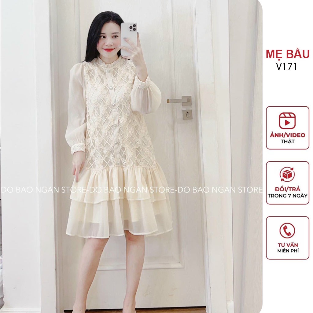 VÁY ĐẦM BẦU DỰ TIỆC DÁNG SUÔNG ĐUÔI CÁ XINH PHỐI HOA KẾT ĐẸP - ĐẦM BẦU BABYDOLL TIỂU THƯ SANG CHẢNH