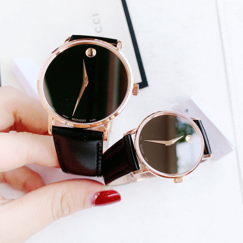 Đồng hồ cặp Movado Museum Couple 0607315 & 0607320- Máy pin Thụy Sĩ - Kính Sapphire - Dây da