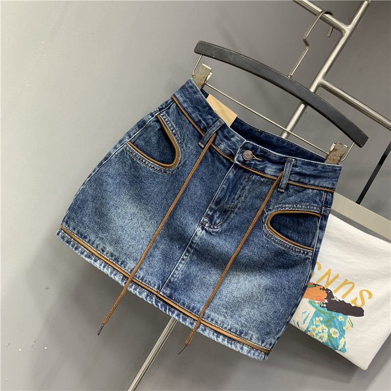 Jiashucheng Váy Denim Mỏng Màu Xanh Dương Tương Phản Trang Trí