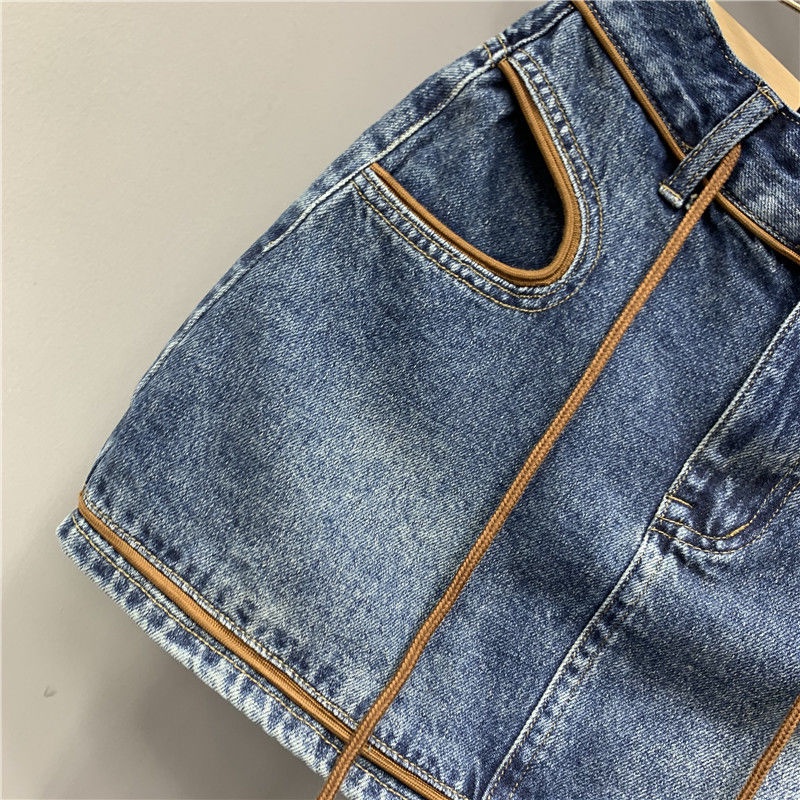 Jiashucheng Váy Denim Mỏng Màu Xanh Dương Tương Phản Trang Trí