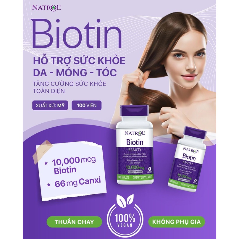 Viên uống hỗ trợ mọc tóc Natrol Biotin (10000 mcg) nhập khẩu Mỹ - Gymstore tăng cường sức khỏe toàn diện