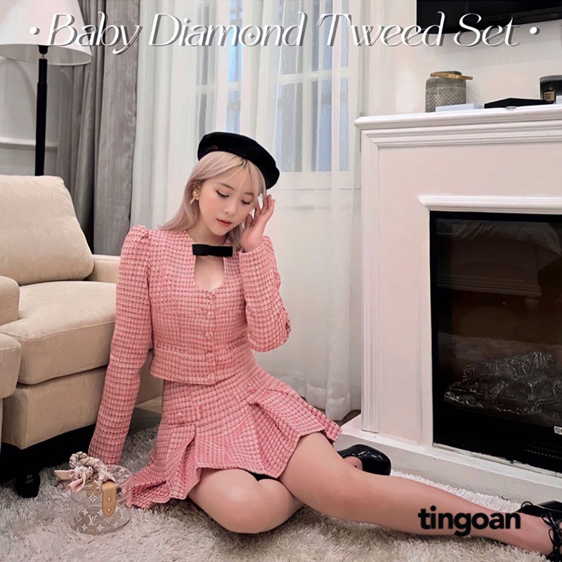 TINGOAN® - Áo tweed lửng đỏ chiết eo cut-out ngực đính nơ BABY DIAMOND TOP/DR