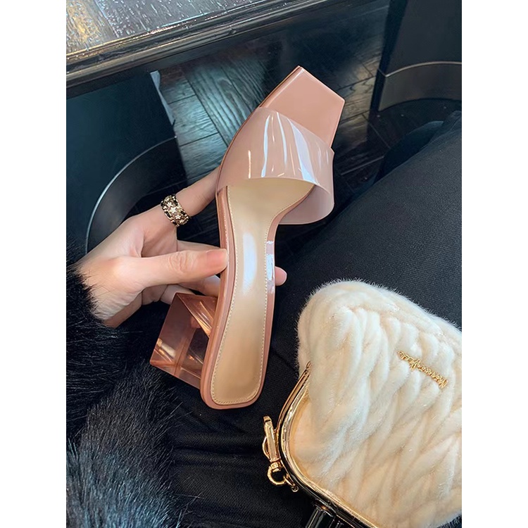 Dép Cao Gót Mũi Vuông Quai Ngang Trong Suốt Thời Trang Mùa Hè 2023 Cho Nữ