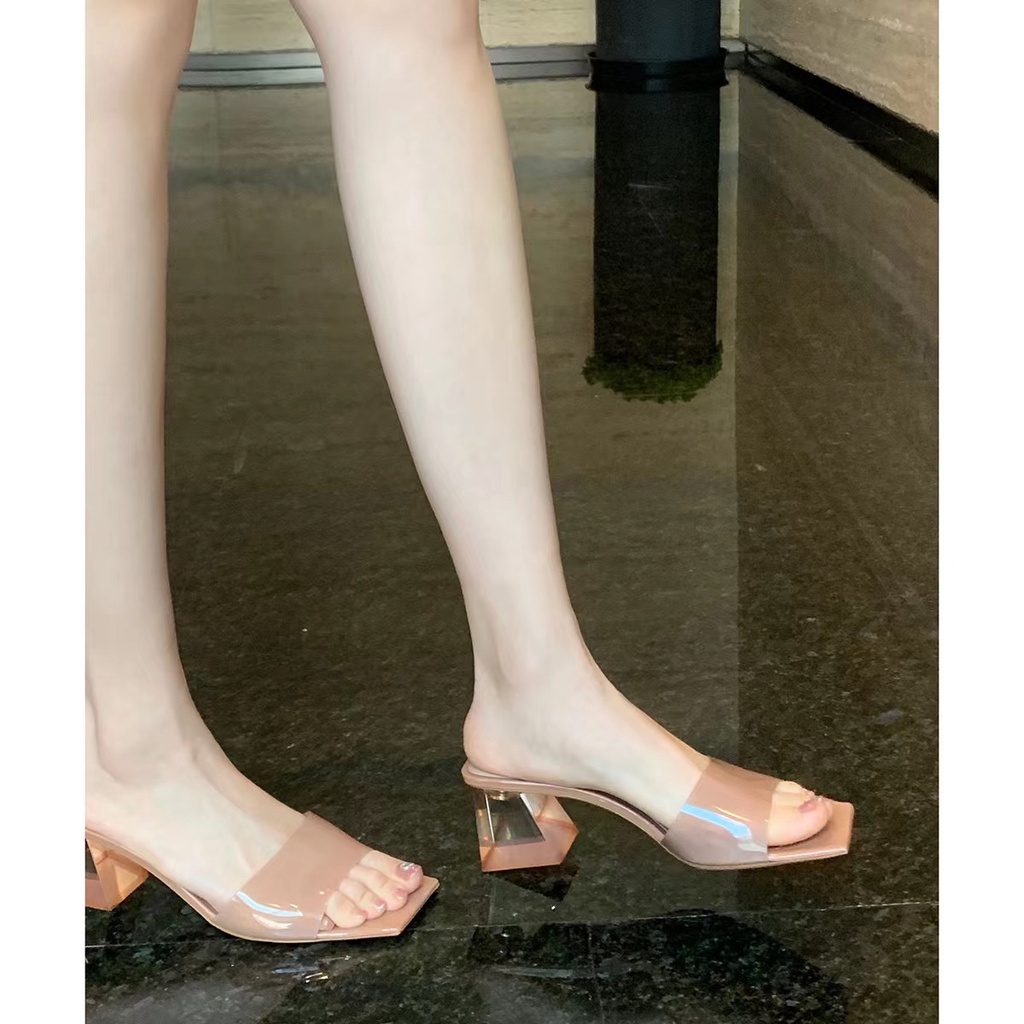 Dép Cao Gót Mũi Vuông Quai Ngang Trong Suốt Thời Trang Mùa Hè 2023 Cho Nữ
