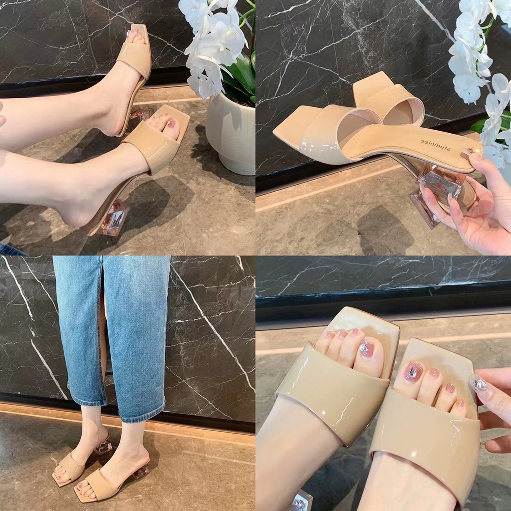 Dép Cao Gót Mũi Vuông Quai Ngang Trong Suốt Thời Trang Mùa Hè 2023 Cho Nữ