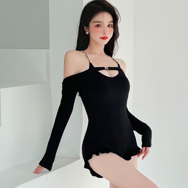 Bikini, Bộ Đồ bơi nữ liền một mảnh dài tay phối dây xích vàng Bikibiki Hàn Quốc kín đáo che bụng có bigsize