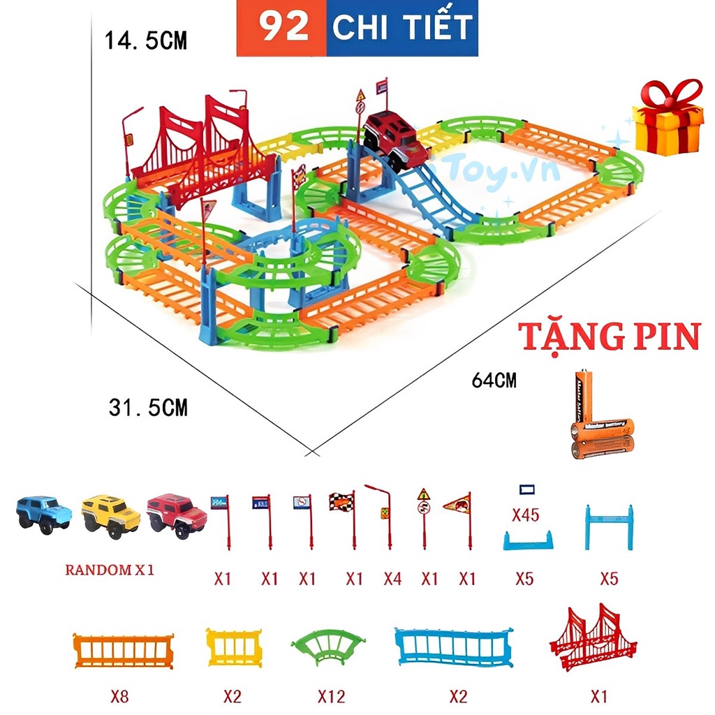Đồ chơi lắp ráp, lắp ghép đường đua Ô Tô 92 chi tiết, Mô hình đường ray tàu hỏa xe lửa cho bé