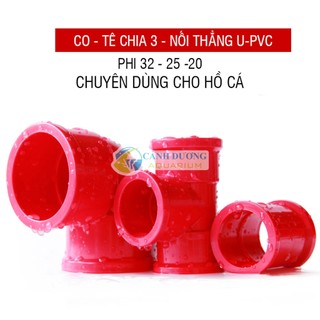 Co, Tê chia 3, Nối thẳng màu đỏ ĐỎ U-PVC Phi 32-25-20 chuyên dùng cho hồ cá