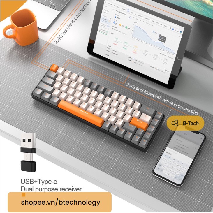 Bàn phím cơ không dây K68 wireless bluetooth keyboard - hotswap redswitch - macbook, laptop, ipad, android Btech B-tech
