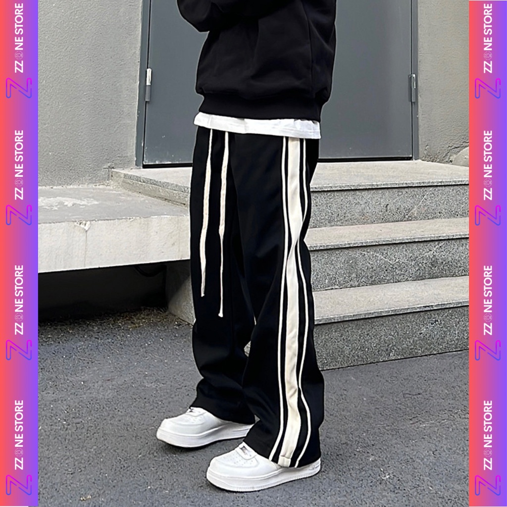 Quần vải cotton đen dáng xuông rộng thể thao cool ngầu phối sọc trắng dọc ống quần freestyle