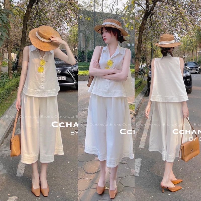 Set Áo Sát Nách Trắng Khuy Bọc Mix Quần Ống Rộng Siêu Xinh Có Ảnh Thật