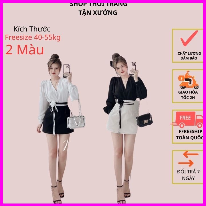 Sét bộ đồ áo sơ mi áo lụa cổ chữ v tay dài sét bộ đồ nữ mix chân váy tapta kèm đai hoa thắt nơ sang chảnh bộ nữ áo sơmi
