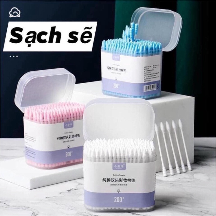 Hộp 200 tăm bông 2 đầu vệ sinh tai, mũi - kháng khuẩn, mềm mịn BN 001 BH 003