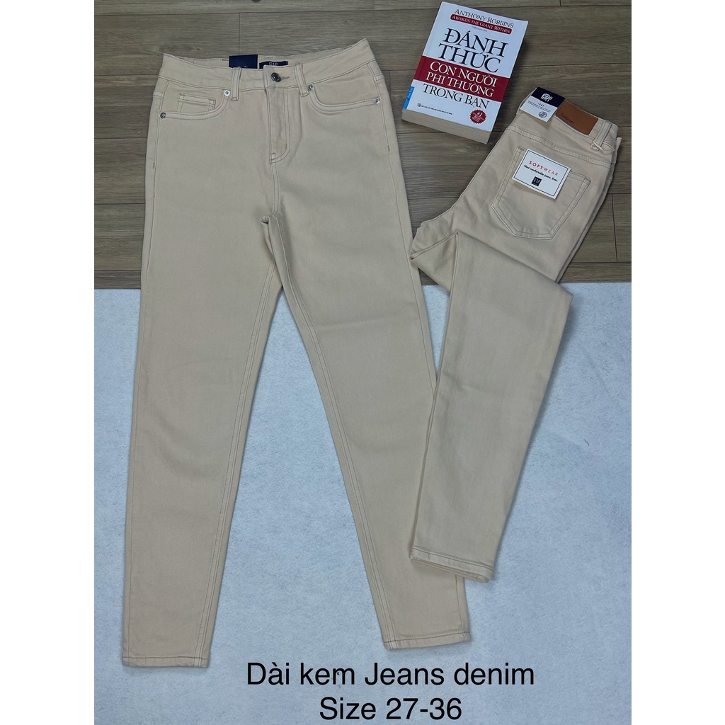 QUẦN JEANS NỮ DÀI LƯNG CAO DÁNG ÔM MÀU KEM