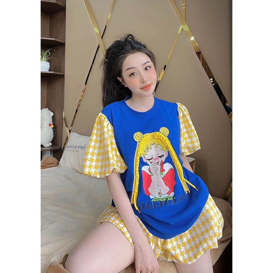 [4.4 Sales Freeship] set áo thun in hình cô gái phối tay caro mix quần sooc đùi phồng caro vàng chất bố xinh xắn mtb