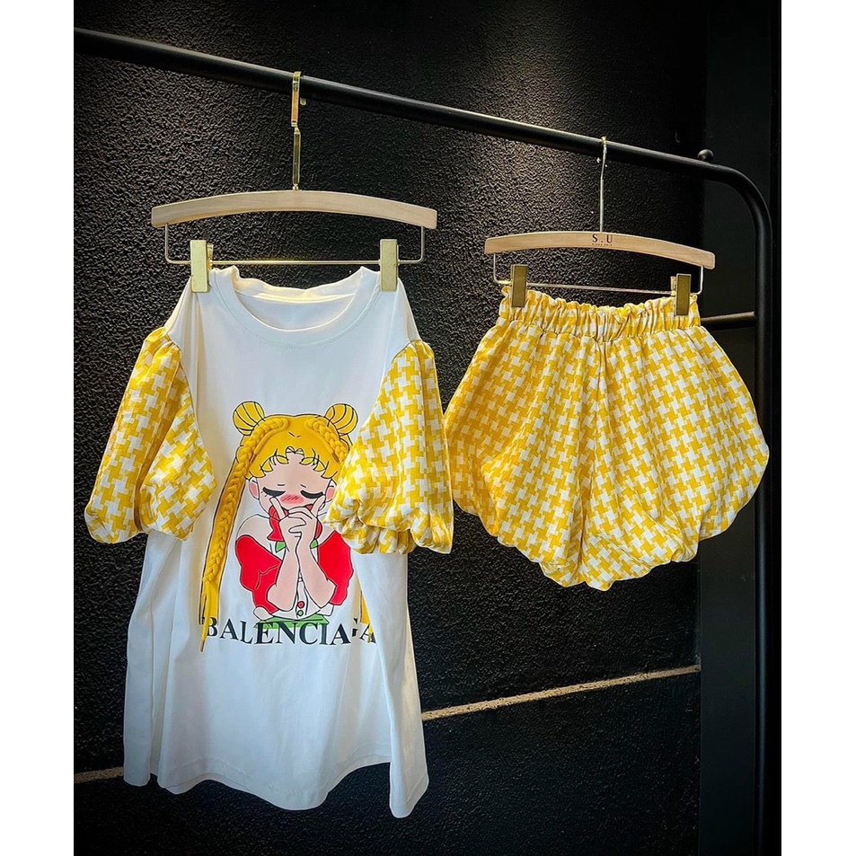 [4.4 Sales Freeship] set áo thun in hình cô gái phối tay caro mix quần sooc đùi phồng caro vàng chất bố xinh xắn mtb