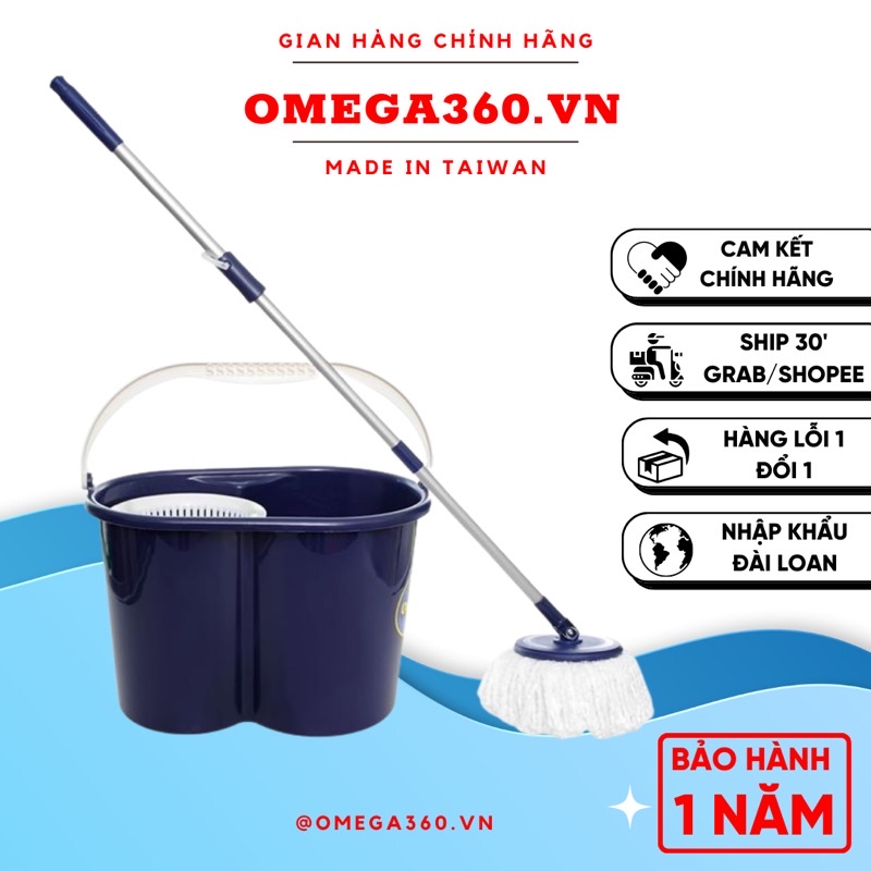 BỘ LAU NHÀ 360 ĐỘ OMEGA MOP NHẬP KHẨU CHÍNH HÃNG ĐÀI LOAN( 1 THÂN CÂY + 2 BÔNG LAU + 1 THÙNG LAU)