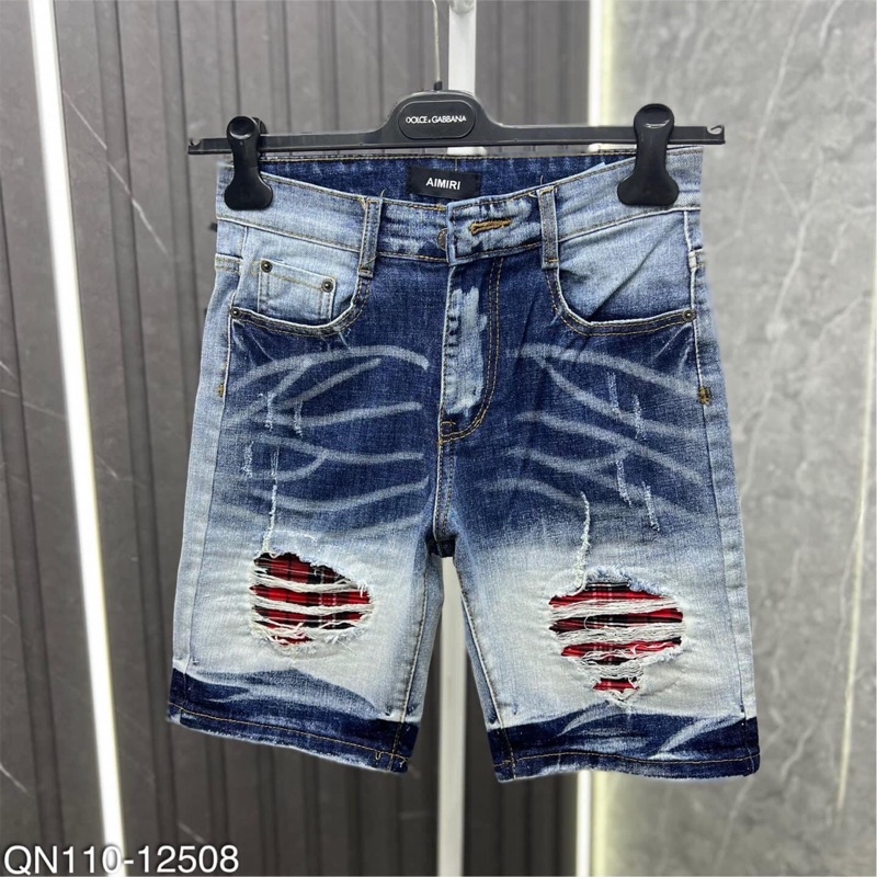 Quần Ngố Bò AMIRI Xanh Vá Đỏ Quần Short Amiri Nam Vá Vải Nhăn Hàng Super Siêu Chất