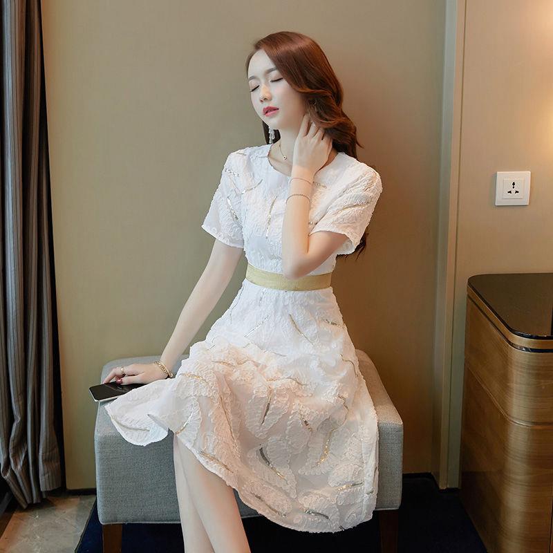 Đầm Chữ A Tay Ngắn Phối Ren Thêu Họa Tiết Phong Cách Hàn Quốc Thời Trang Xuân Hè Xinh Xắn Cho Nữ