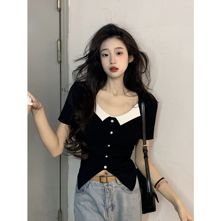 Xiaozhainv Áo sweater Tay Ngắn Cổ Vuông Thiết Kế Đơn Giản Thời Trang Theo Phong Cách Hàn Quốc Cho Nữ | BigBuy360 - bigbuy360.vn