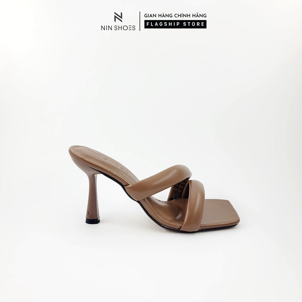 Dép lê nữ Ninshoes 7 Phân gót nhọn mũi vuông tag dây quai ngang chân êm chân