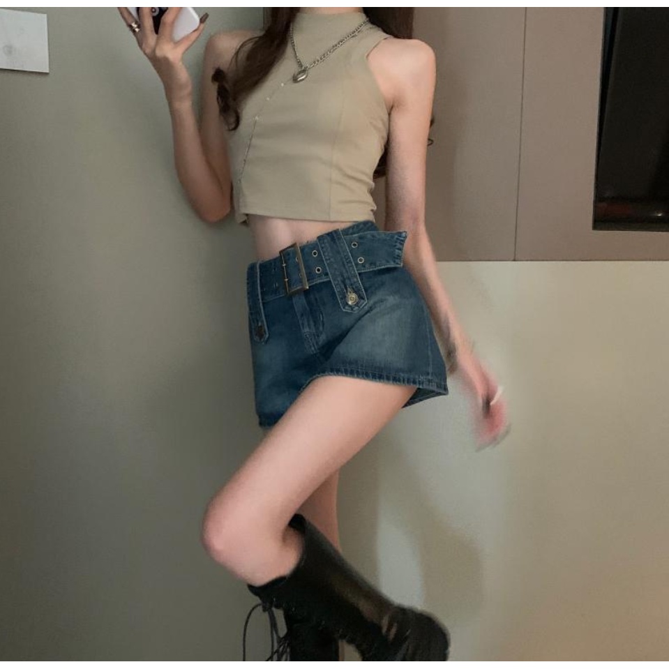 Retro Cao Cấp Váy Ngắn Kích Thước Lớn Váy Denim Nữ Phối Ren Hông Culottes