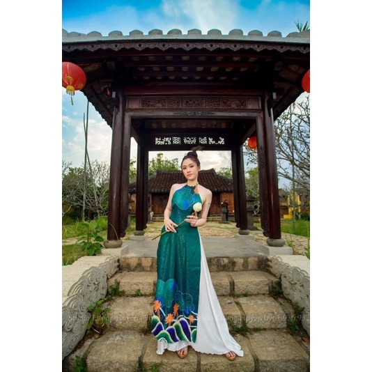 set áo dài gấm hoa sen+ quần váy