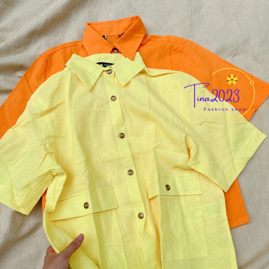 Áo croptop nữ cao cấp, túi hộp tay ngắn, áo sơ mi kiểu vải Linen, áo kiểu Hàn Quốc, form ngắn rộng sành điệu