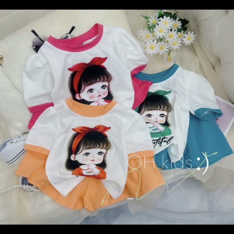 Set bộ hè mẫu  tay bồng in hình bé gái , chất cotton tàu cao cấp siêu mát cho bé gái